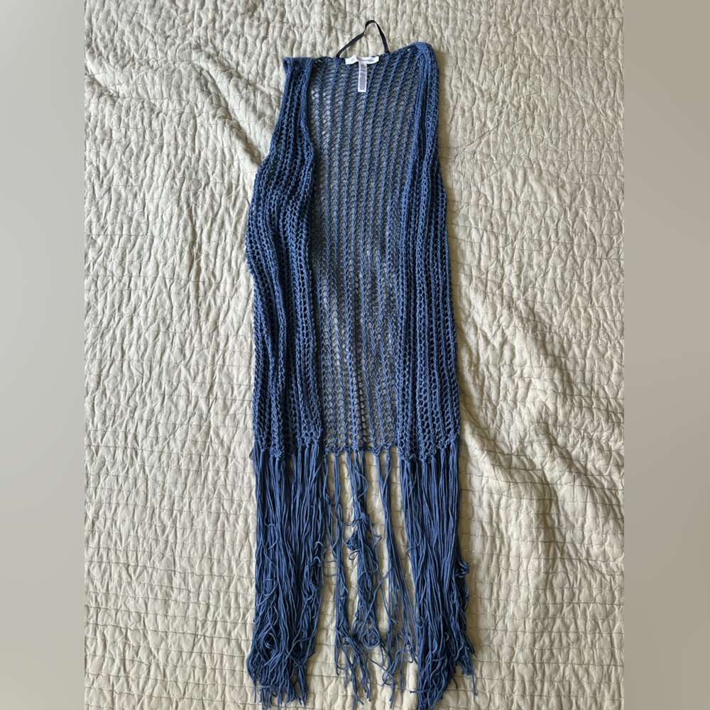 BCBGeneration Blue Crochet Vest with Fringe